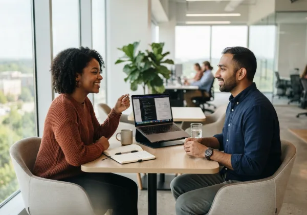 A candidate and an engineer in a relaxed interview conversation