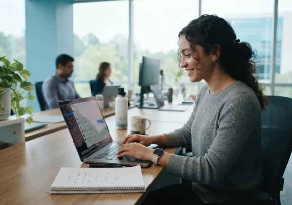 An engineer replying to a message with a notepad of short answers beside the laptop