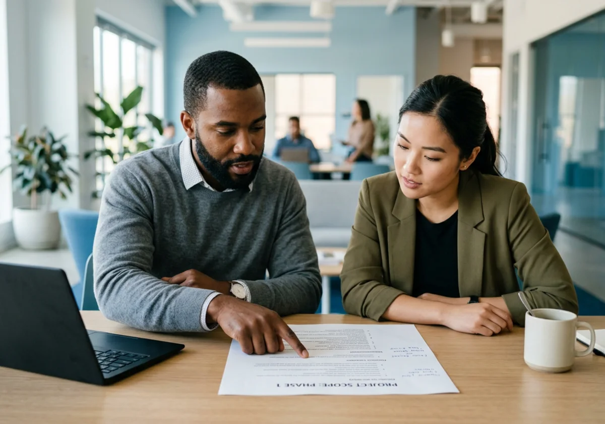 Two people reviewing a written project scope together
