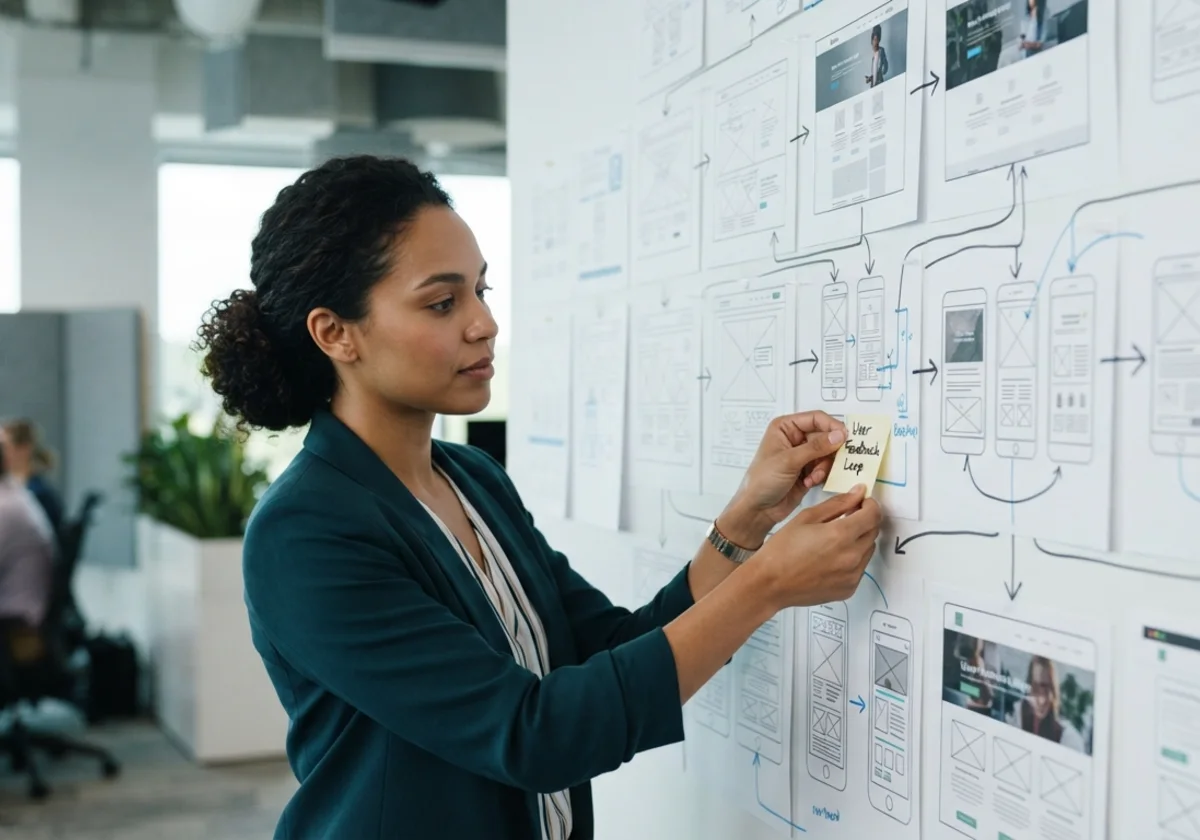 A wall of printed page layouts connected by lines